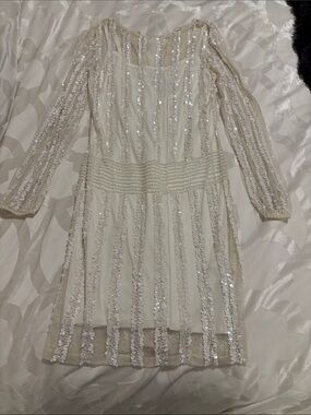 Aidan Mattox Cream Sequin Long-Sleeve Cocktail Dress